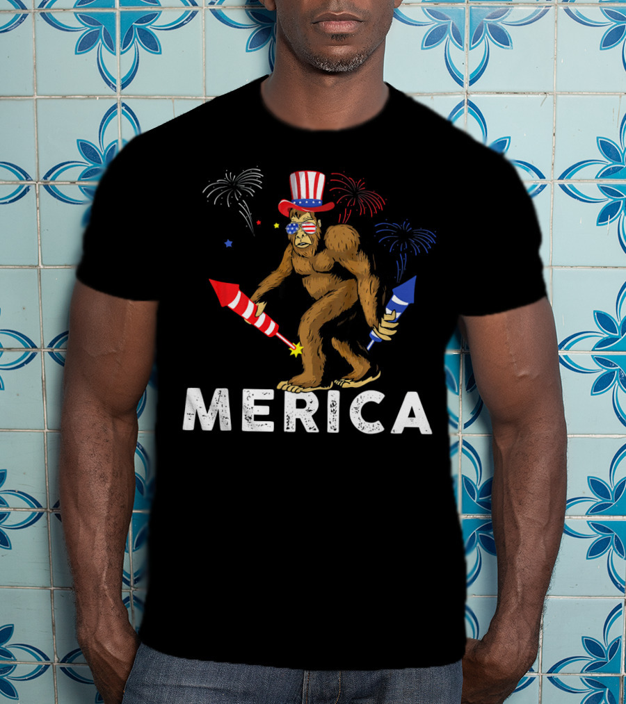 Bigfoot Merica Fireworks Patriotic Hat Independence Day T-Shirt