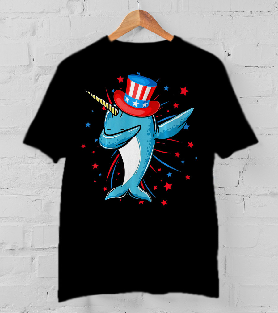 Dabbing Narwhal With Stars And Stripes Hat Firework Background T-Shirt