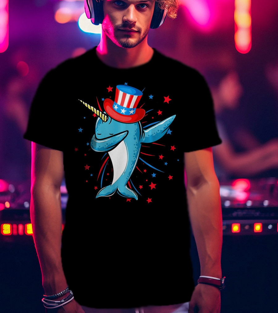Dabbing Narwhal With Stars And Stripes Hat Firework Background T-Shirt