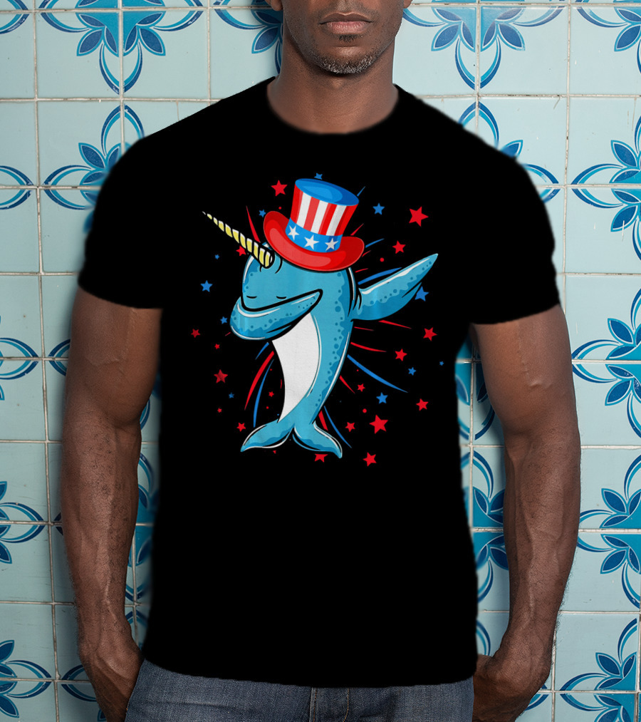 Dabbing Narwhal With Stars And Stripes Hat Firework Background T-Shirt