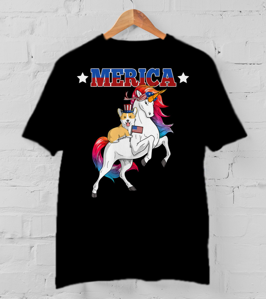 MERICA Corgi Dog Riding Unicorn With American Flag USA T-Shirt