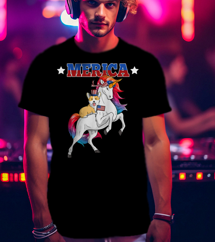 MERICA Corgi Dog Riding Unicorn With American Flag USA T-Shirt