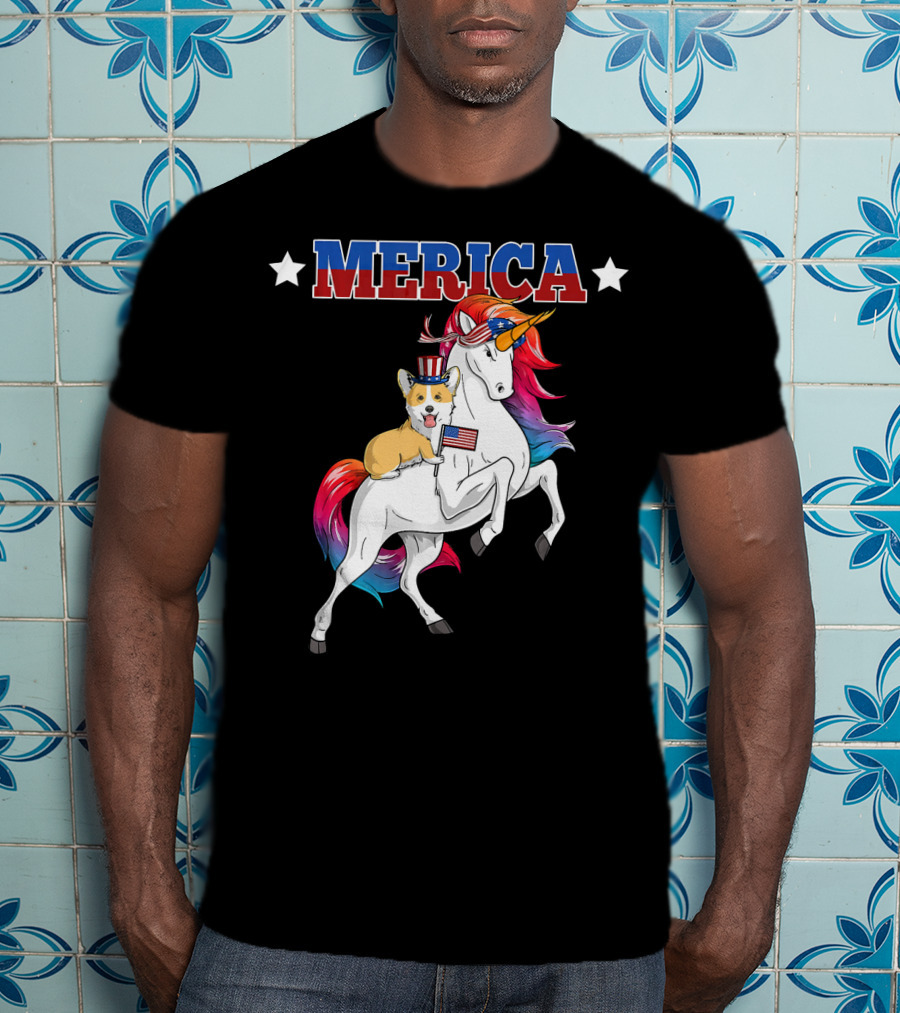 MERICA Corgi Dog Riding Unicorn With American Flag USA T-Shirt