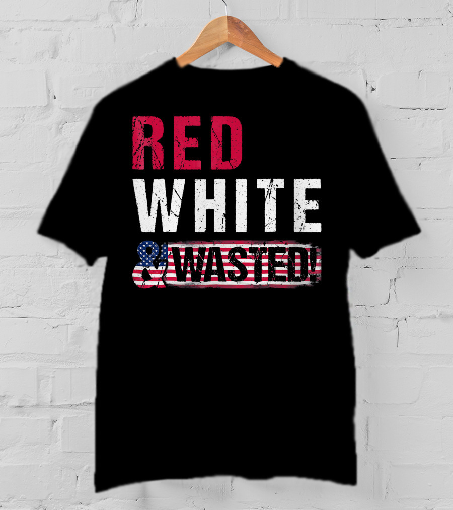 Red White And Wasted American Flag Skull T-Shirt
