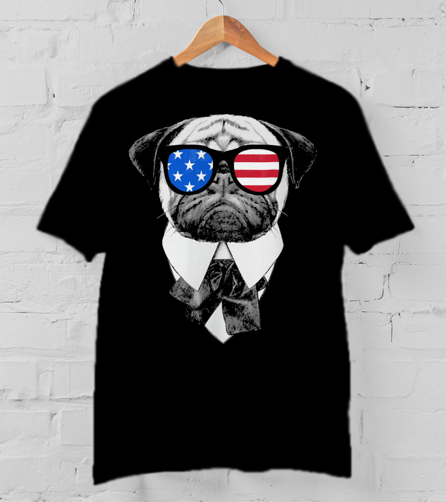 Patriotic Pug With American Flag Sunglasses And Tie T-Shirt