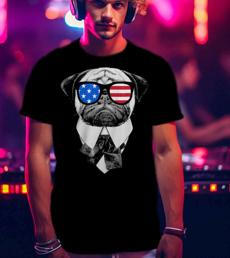 Patriotic Pug With American Flag Sunglasses And Tie T-Shirt