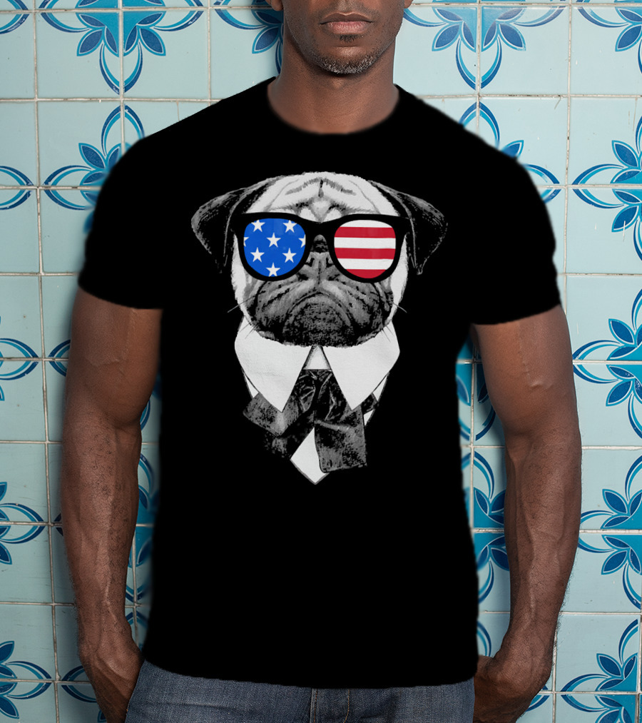Patriotic Pug With American Flag Sunglasses And Tie T-Shirt