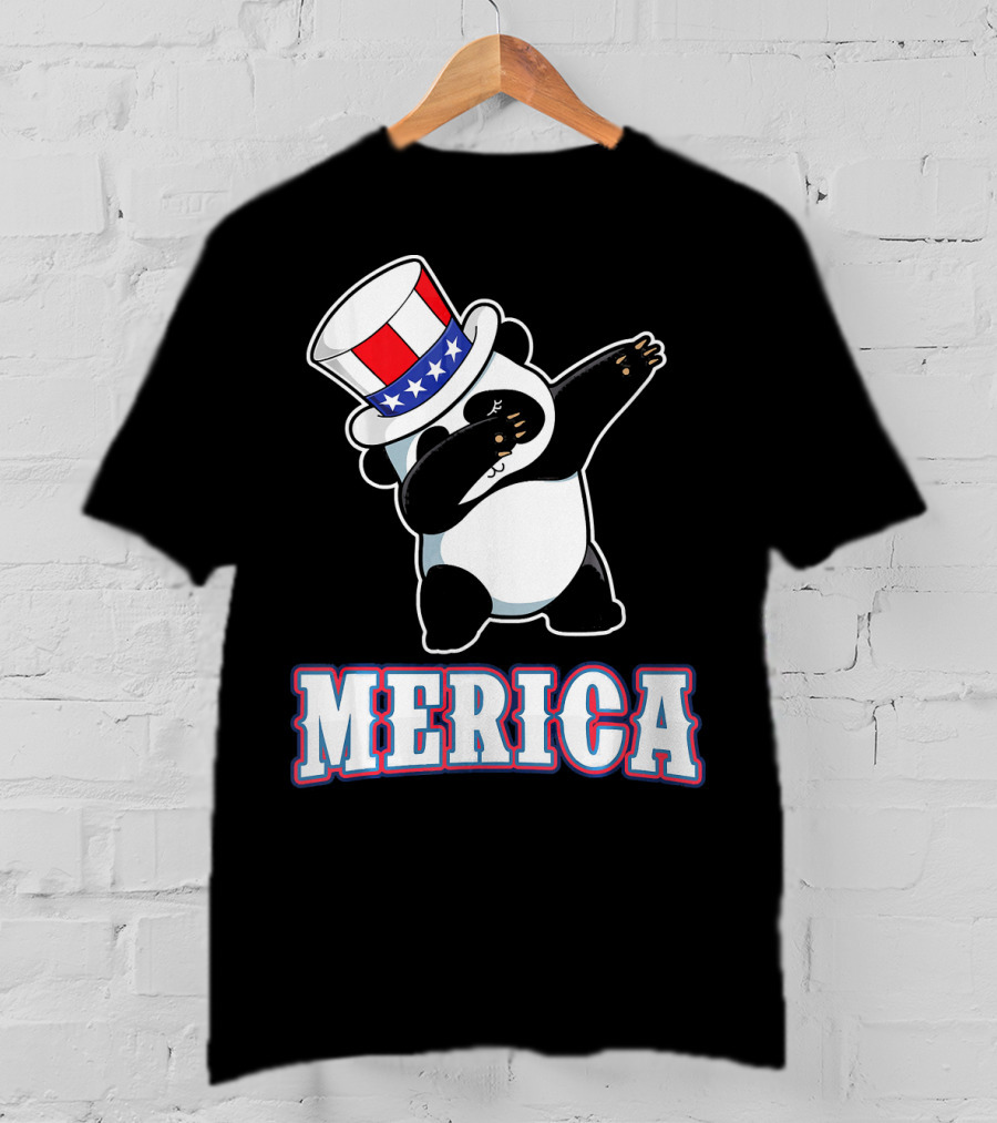 Merica Dabbing Panda In American Flag Top Hat T-Shirt