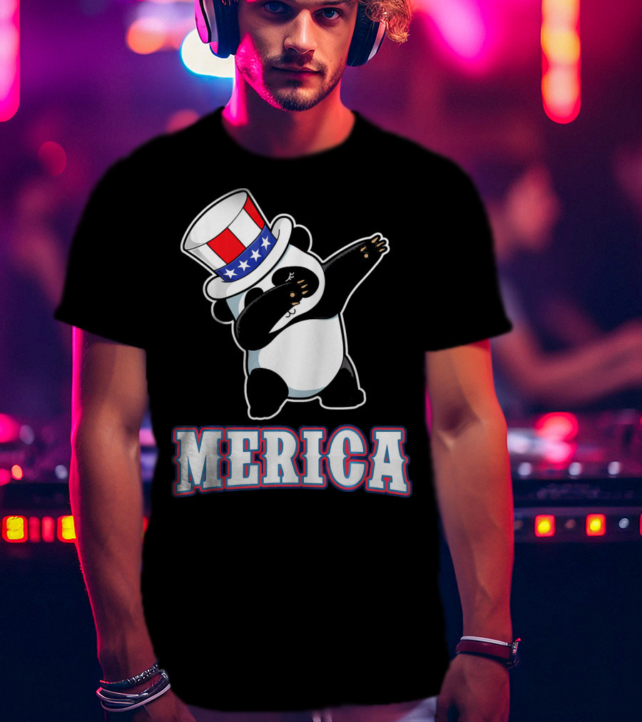 Merica Dabbing Panda In American Flag Top Hat T-Shirt