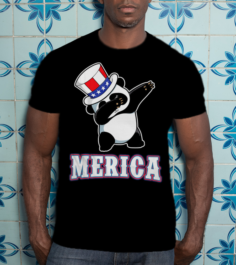 Merica Dabbing Panda In American Flag Top Hat T-Shirt