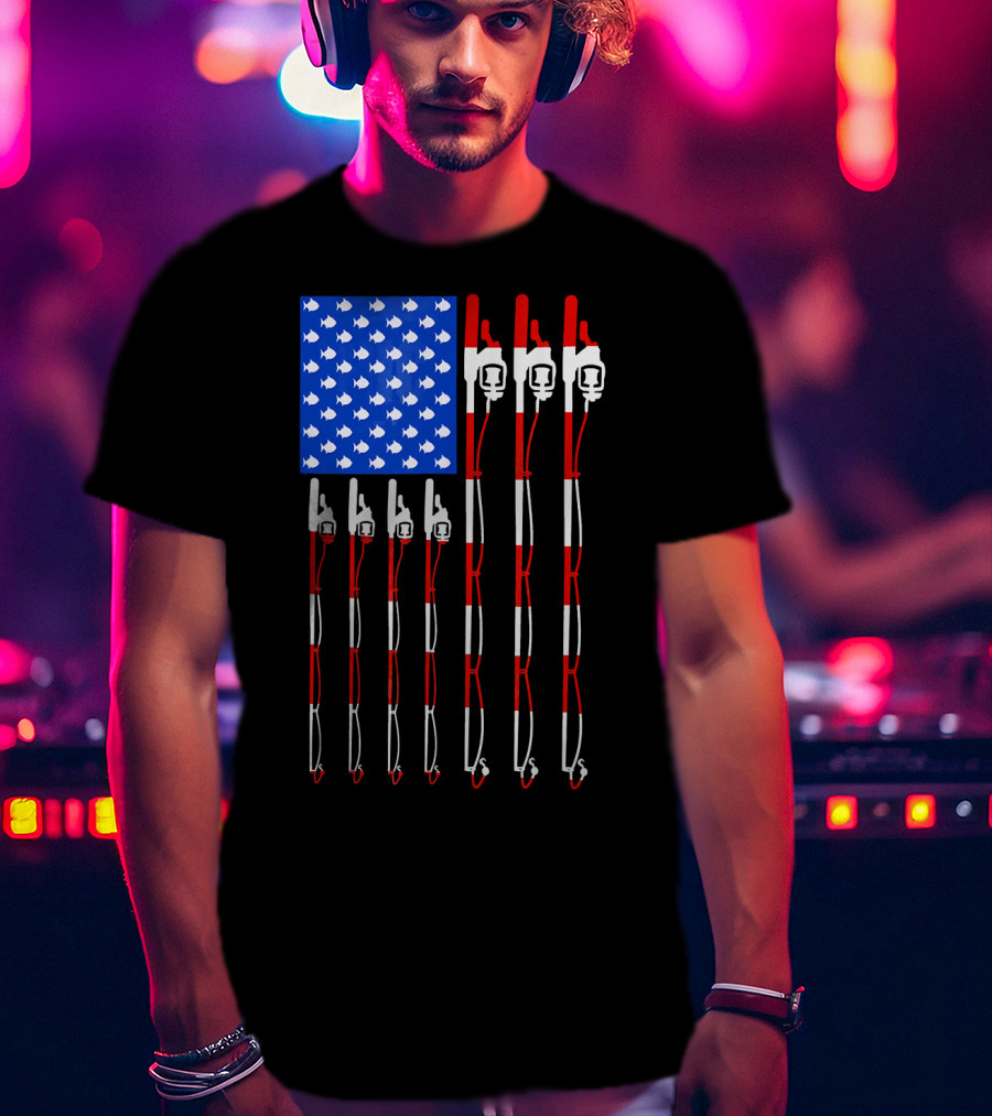 Patriotic Fishing Rod Flag Design American USA T-Shirt
