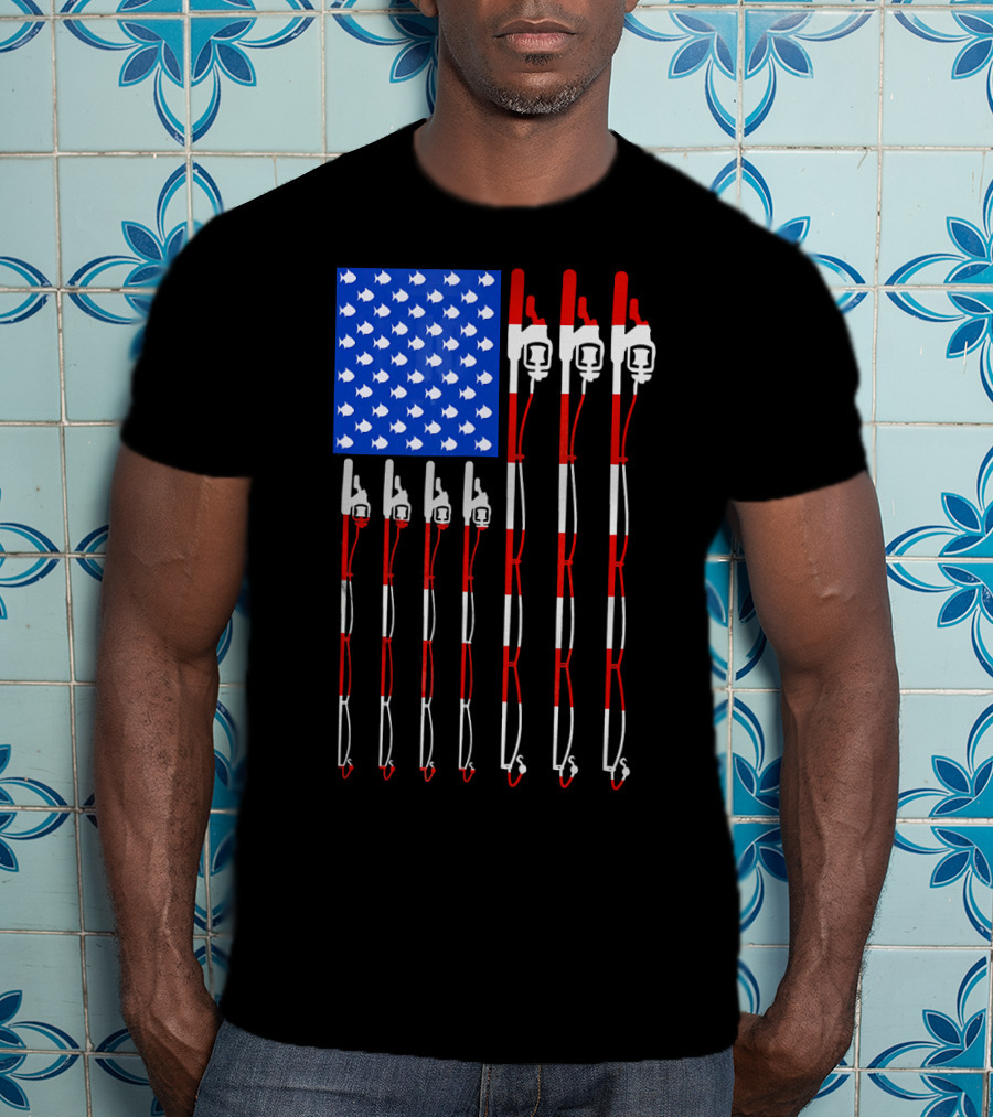 Patriotic Fishing Rod Flag Design American USA T-Shirt
