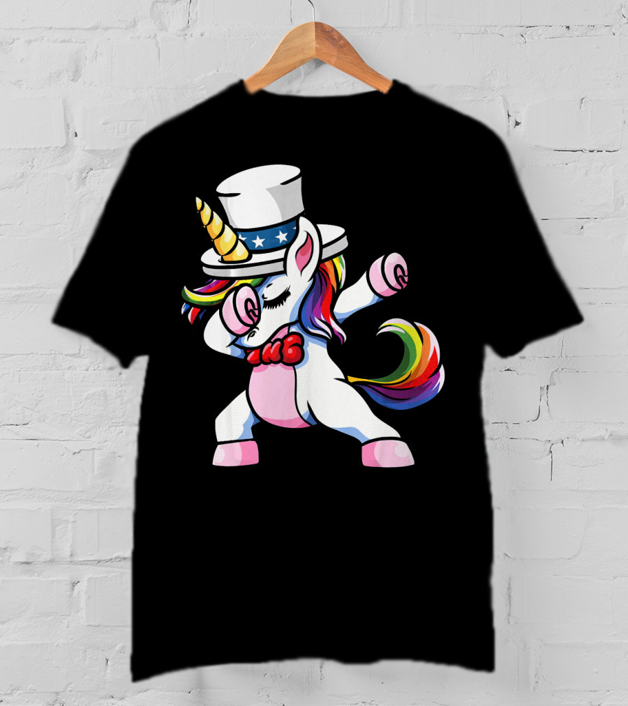 Girls Dabbing Unicorn With Patriotic American Hat T-Shirt