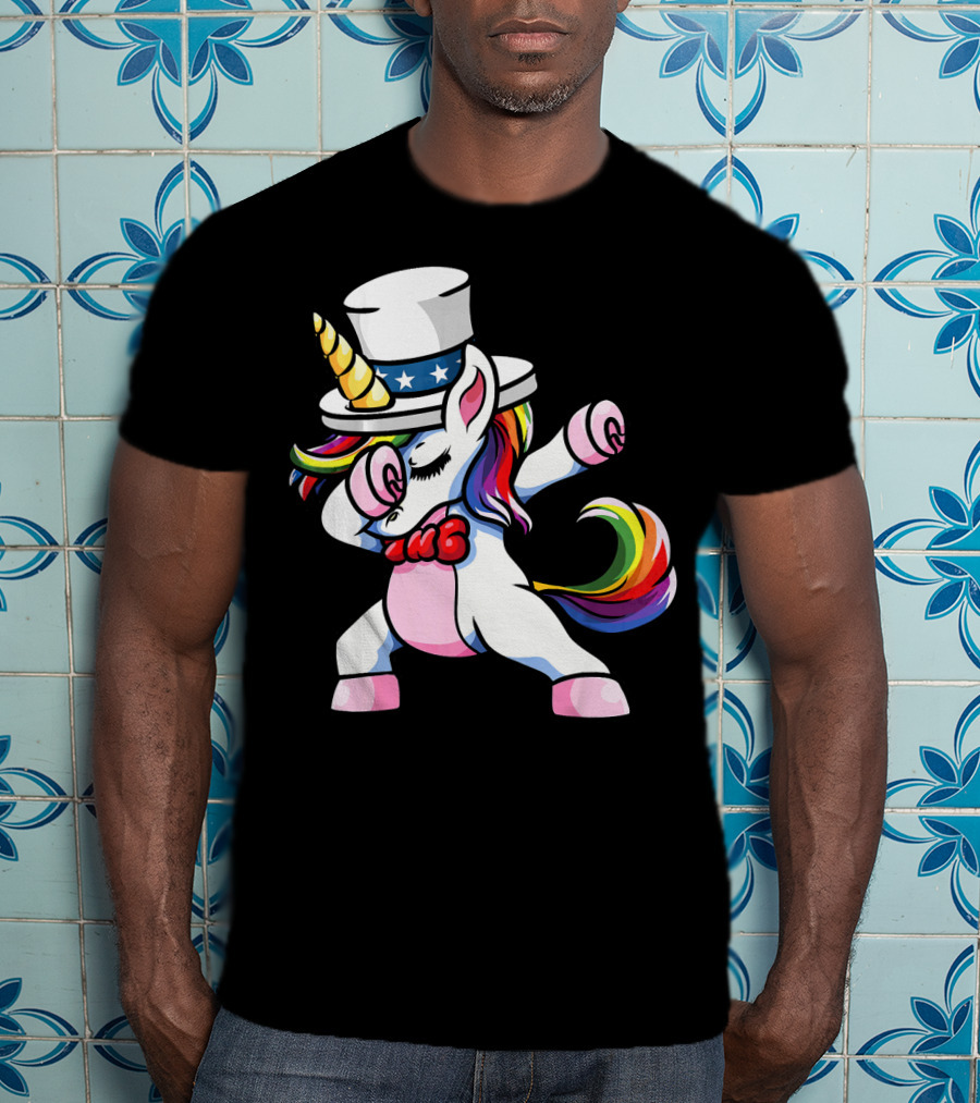 Girls Dabbing Unicorn With Patriotic American Hat T-Shirt