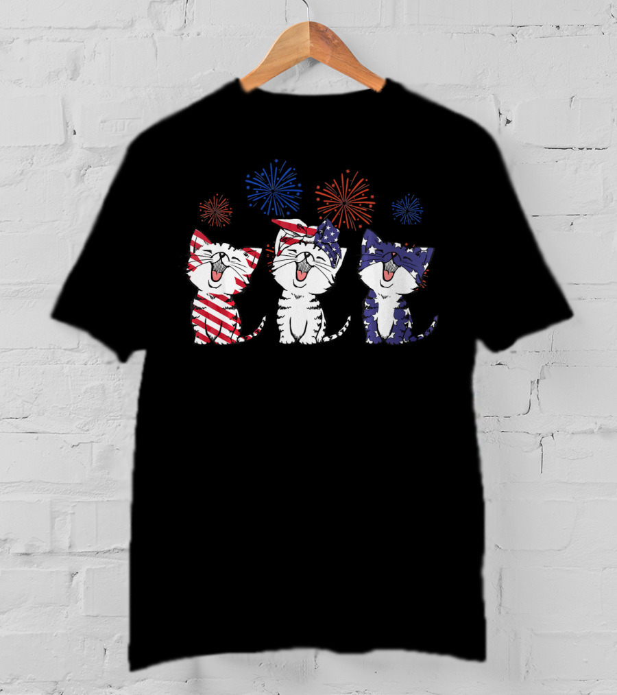 Red White Blue Cats America Celebration Fireworks T-Shirt