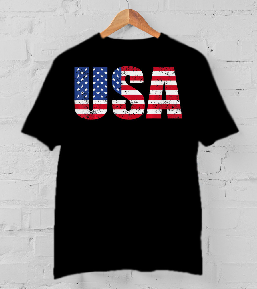 USA Flag American Patriotic Stars And Stripes Bold Lettering T-Shirt