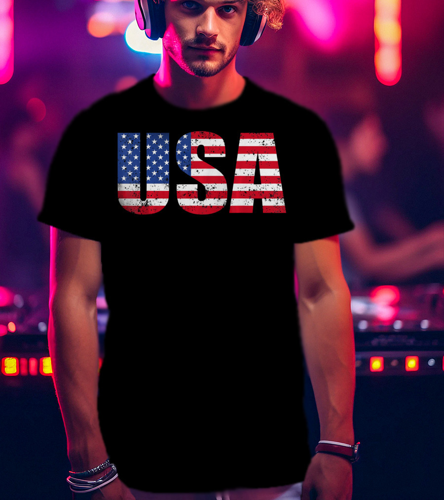 USA Flag American Patriotic Stars And Stripes Bold Lettering T-Shirt