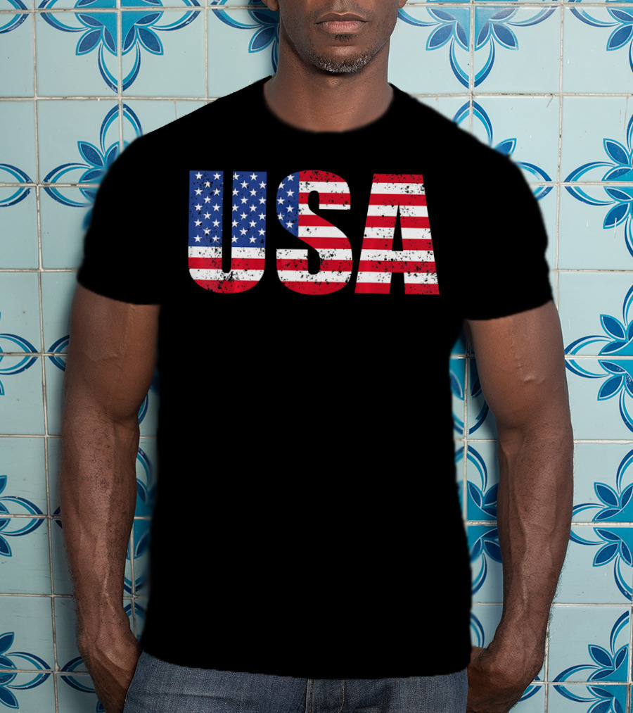 USA Flag American Patriotic Stars And Stripes Bold Lettering T-Shirt