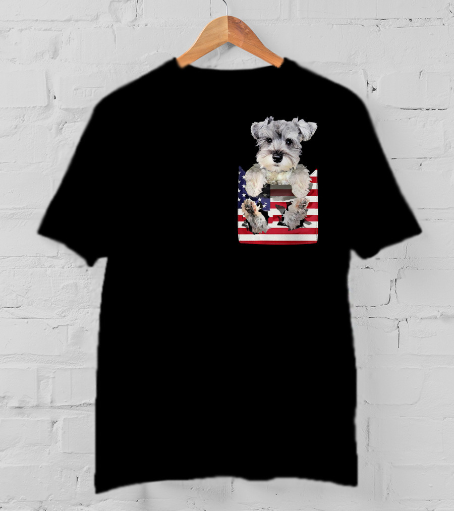 Schnauzer Dog In Pocket With American Flag T-Shirt