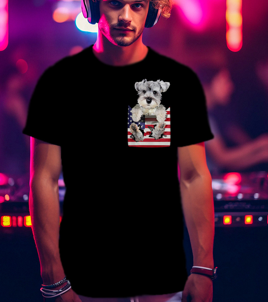 Schnauzer Dog In Pocket With American Flag T-Shirt
