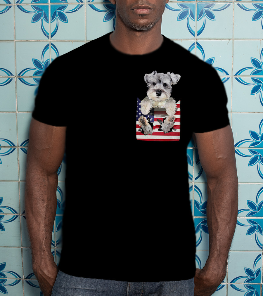 Schnauzer Dog In Pocket With American Flag T-Shirt