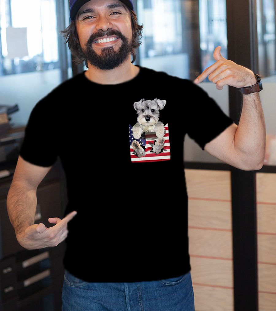 Schnauzer Dog In Pocket With American Flag T-Shirt