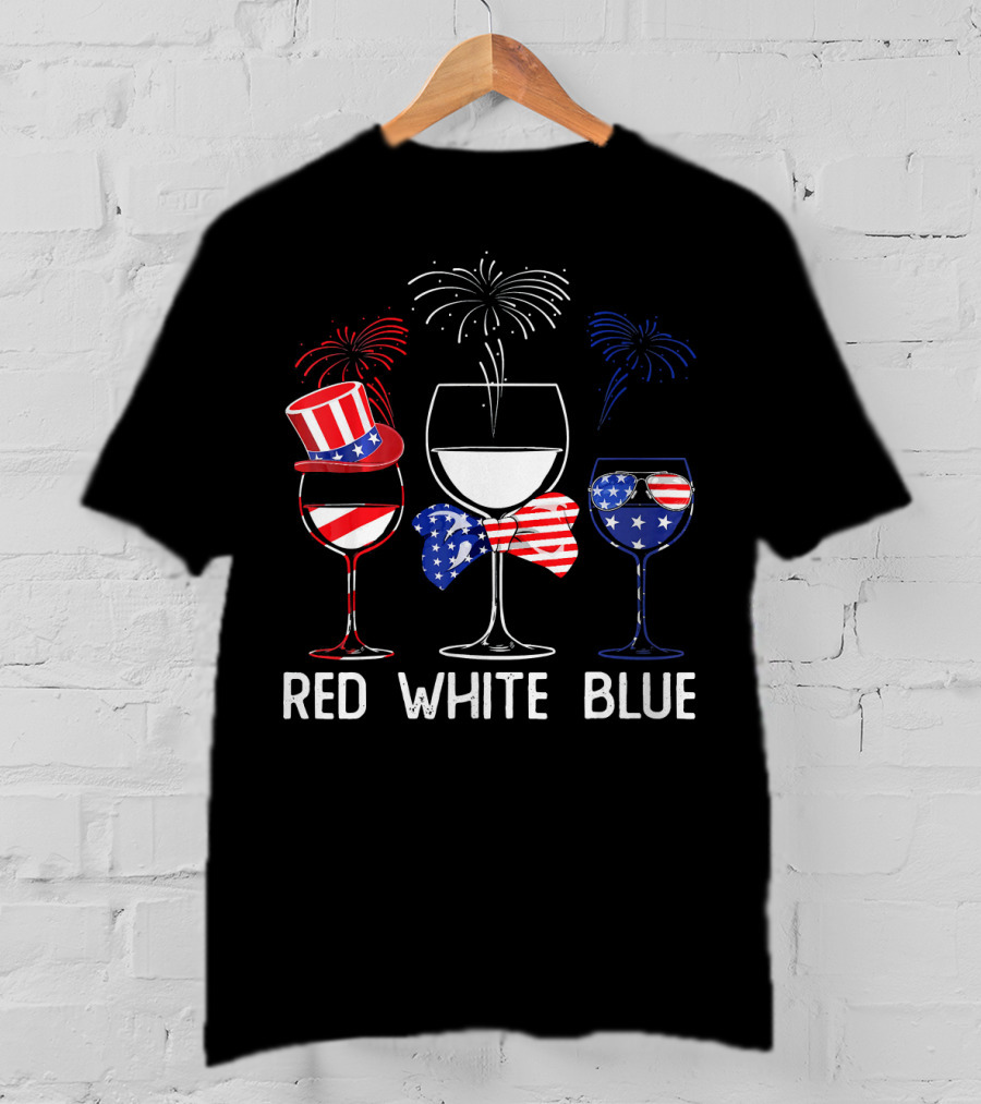 Red White Blue Wine Glasses Patriotic Fireworks USA T-Shirt