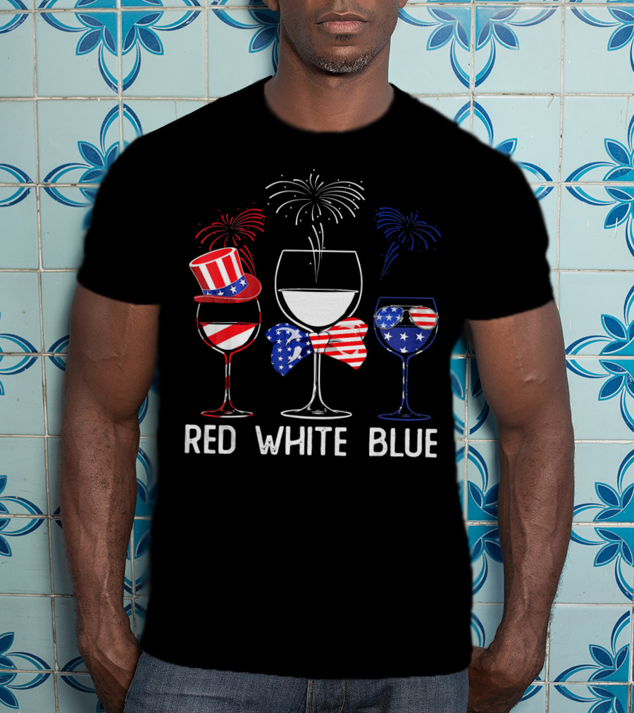Red White Blue Wine Glasses Patriotic Fireworks USA T-Shirt
