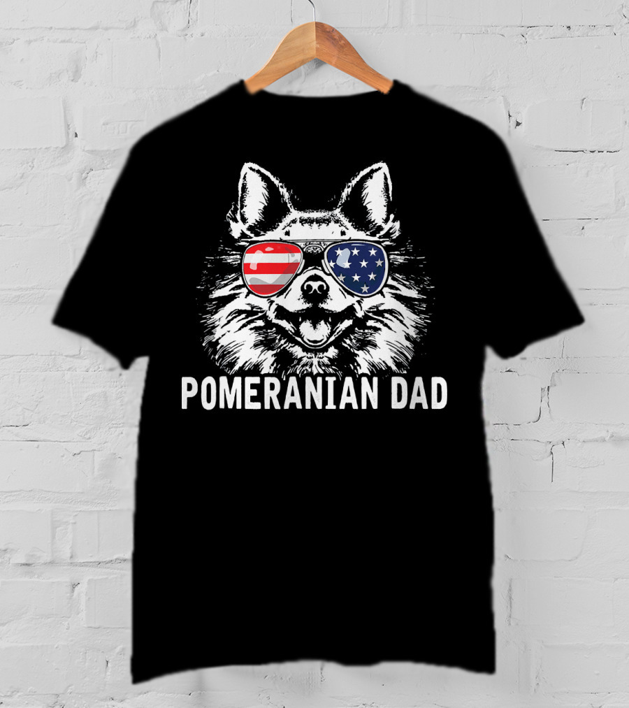 Pomeranian Dad American Flag Sunglasses T-Shirt