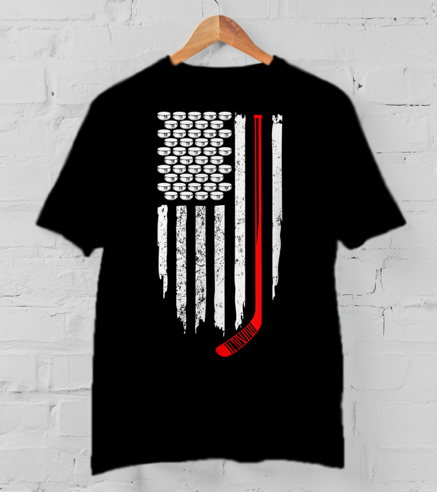 Patriotic Hockey Flag Design With Red Hockey Stick And Puck Stars T-Shirt