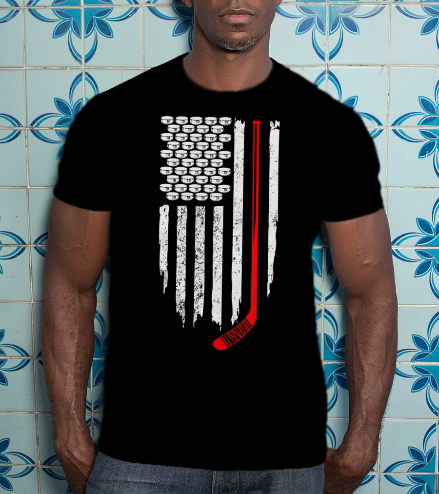 Patriotic Hockey Flag Design With Red Hockey Stick And Puck Stars T-Shirt