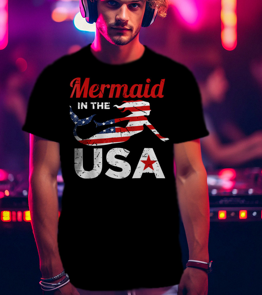 Mermaid In The USA American Flag T-Shirt