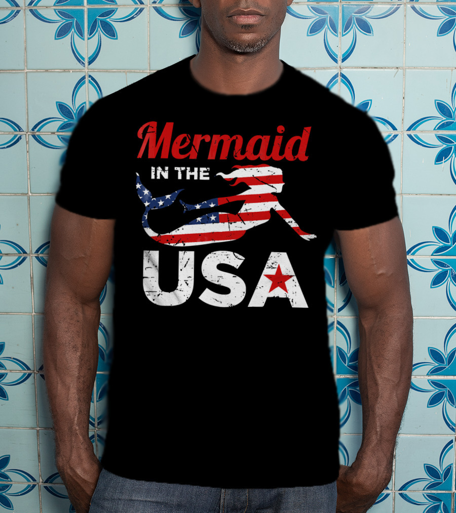 Mermaid In The USA American Flag T-Shirt