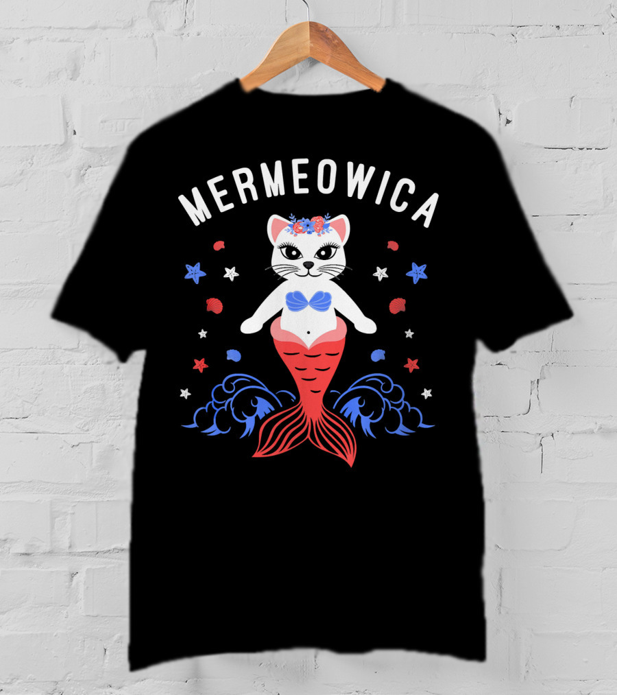 Mermeowica Patriotic Cat Mermaid With Flowers And Stars T-Shirt