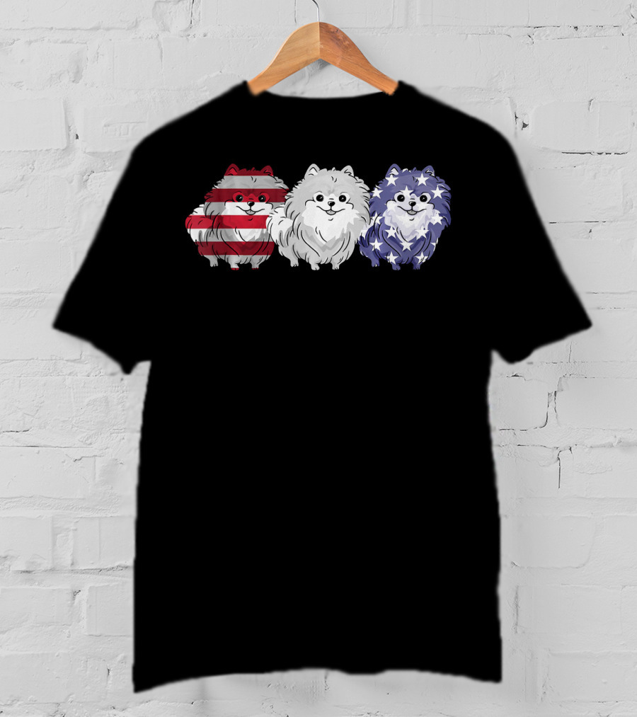 Patriotic Pomeranian Dog Lover American Flag Trio T-Shirt
