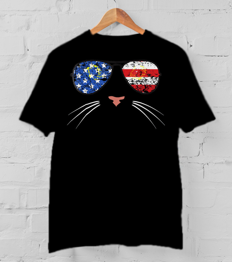 American Cat Face Stars Stripes USA Sunglasses T-Shirt