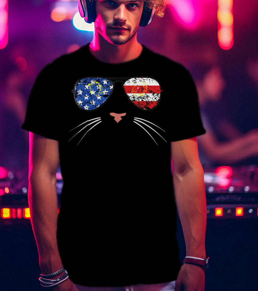 American Cat Face Stars Stripes USA Sunglasses T-Shirt
