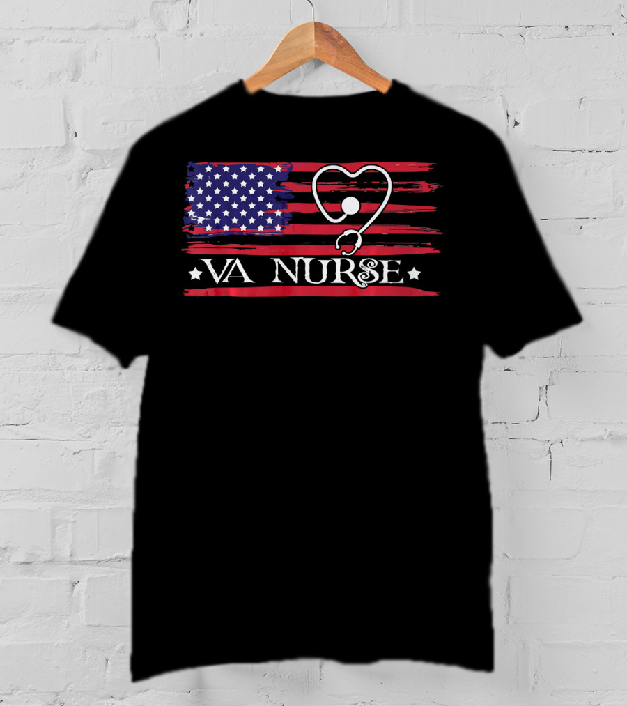 American Flag VA Nurse Heart Stethoscope Patriotic T-Shirt