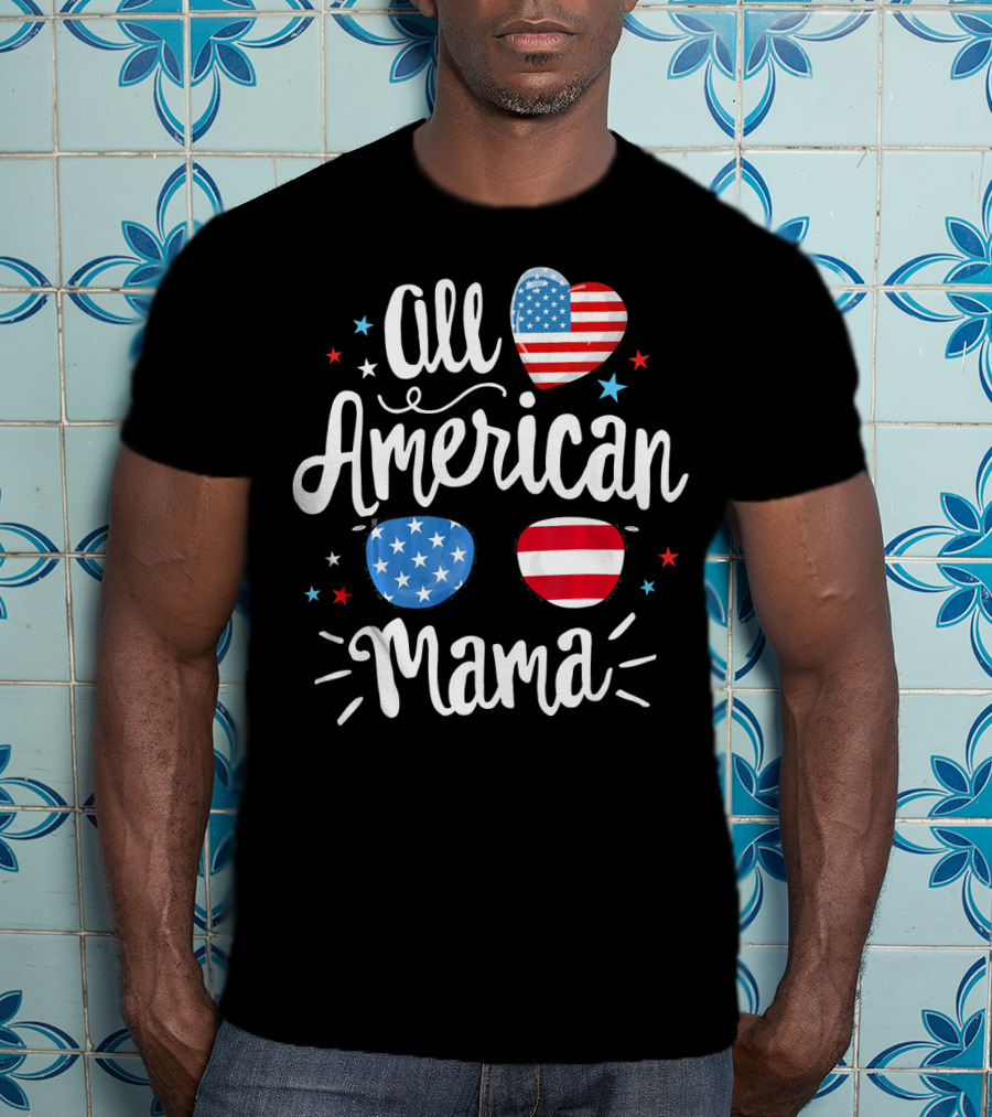 All American Mama Heart And Sunglasses With Flag Elements T-Shirt