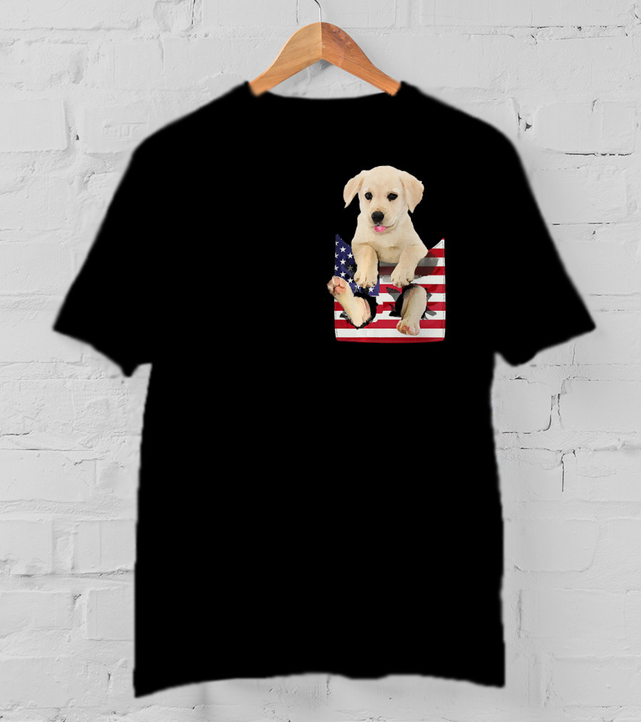 Labrador Puppy Sitting In American Flag Pocket T-Shirt