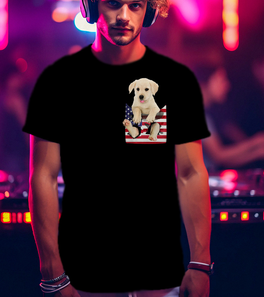 Labrador Puppy Sitting In American Flag Pocket T-Shirt