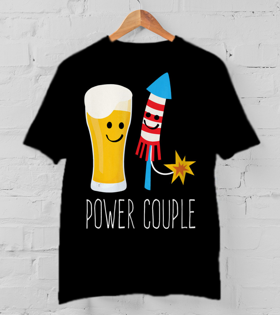 Beer And Fireworks Power Couple Smiling Glass And Rocket T-Shirt