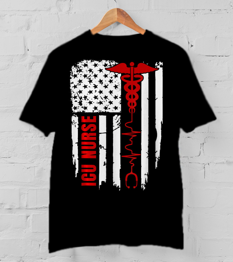 ICU Nurse American Flag Caduceus Heartbeat T-Shirt