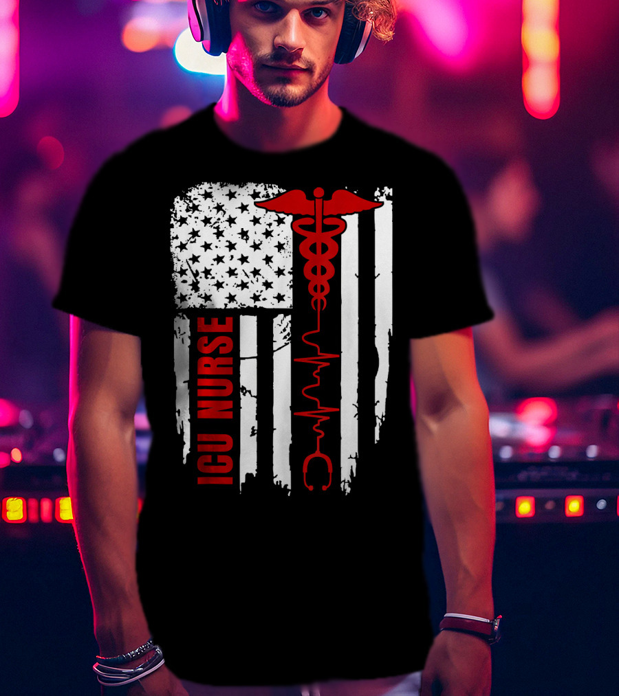 ICU Nurse American Flag Caduceus Heartbeat T-Shirt