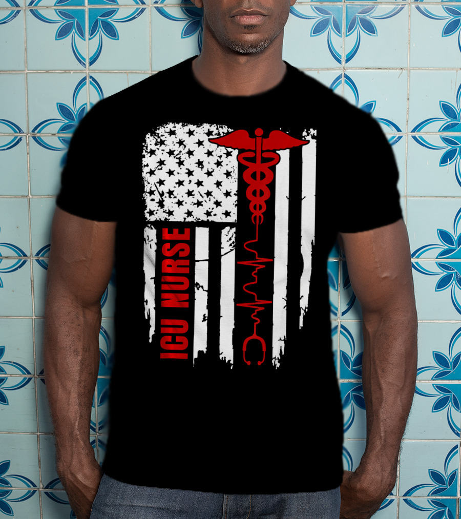 ICU Nurse American Flag Caduceus Heartbeat T-Shirt