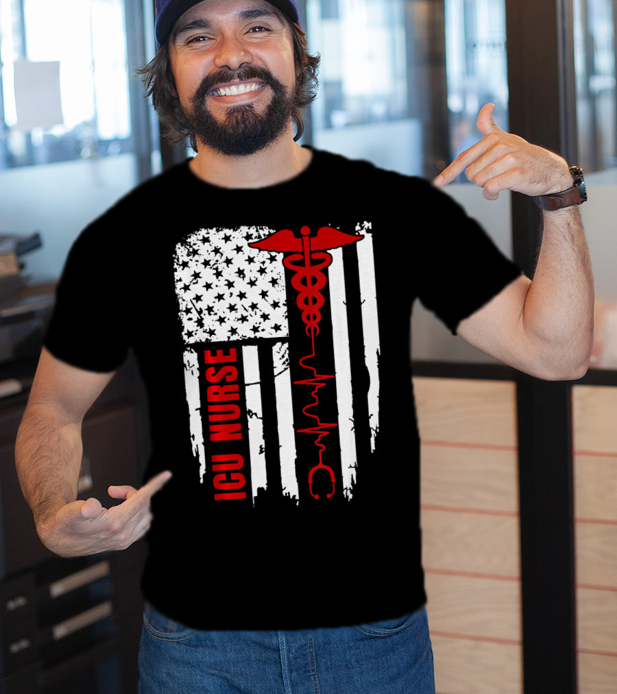 ICU Nurse American Flag Caduceus Heartbeat T-Shirt