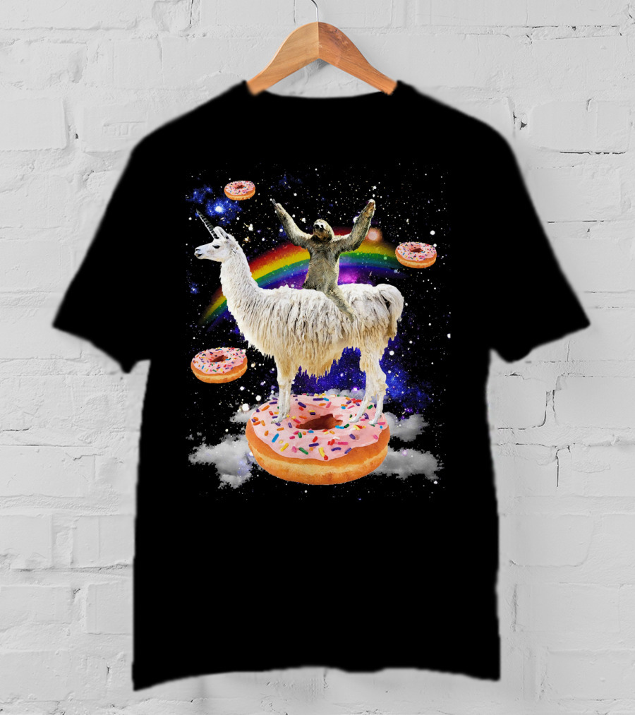 Space Adventure Sloth On Unicorn Llama With Floating Donuts And Rainbow T-Shirt