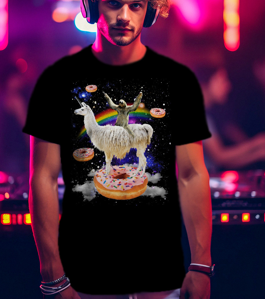 Space Adventure Sloth On Unicorn Llama With Floating Donuts And Rainbow T-Shirt