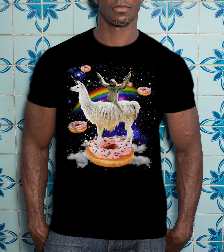 Space Adventure Sloth On Unicorn Llama With Floating Donuts And Rainbow T-Shirt