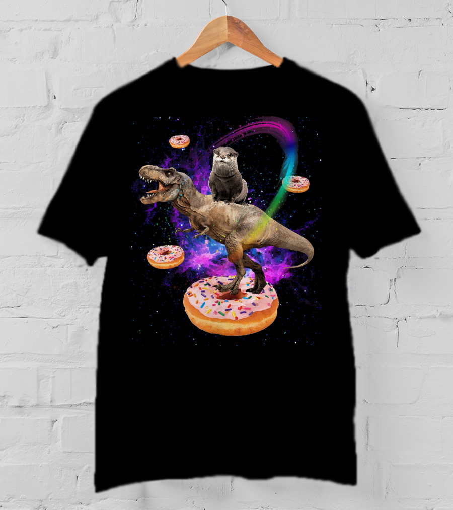 Space Otter On Dinosaur In Galaxy With Donuts T-Shirt